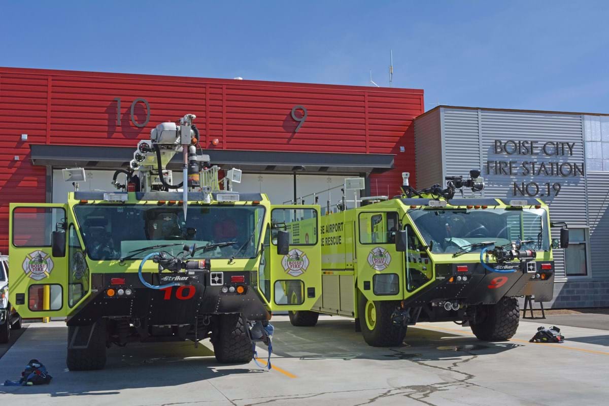 Aircraft rescue fire fighting engines in front of station 19