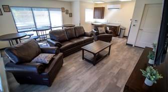 Couches and chairs with coffee table, counter-top tables behind, kitchenette in the corner
