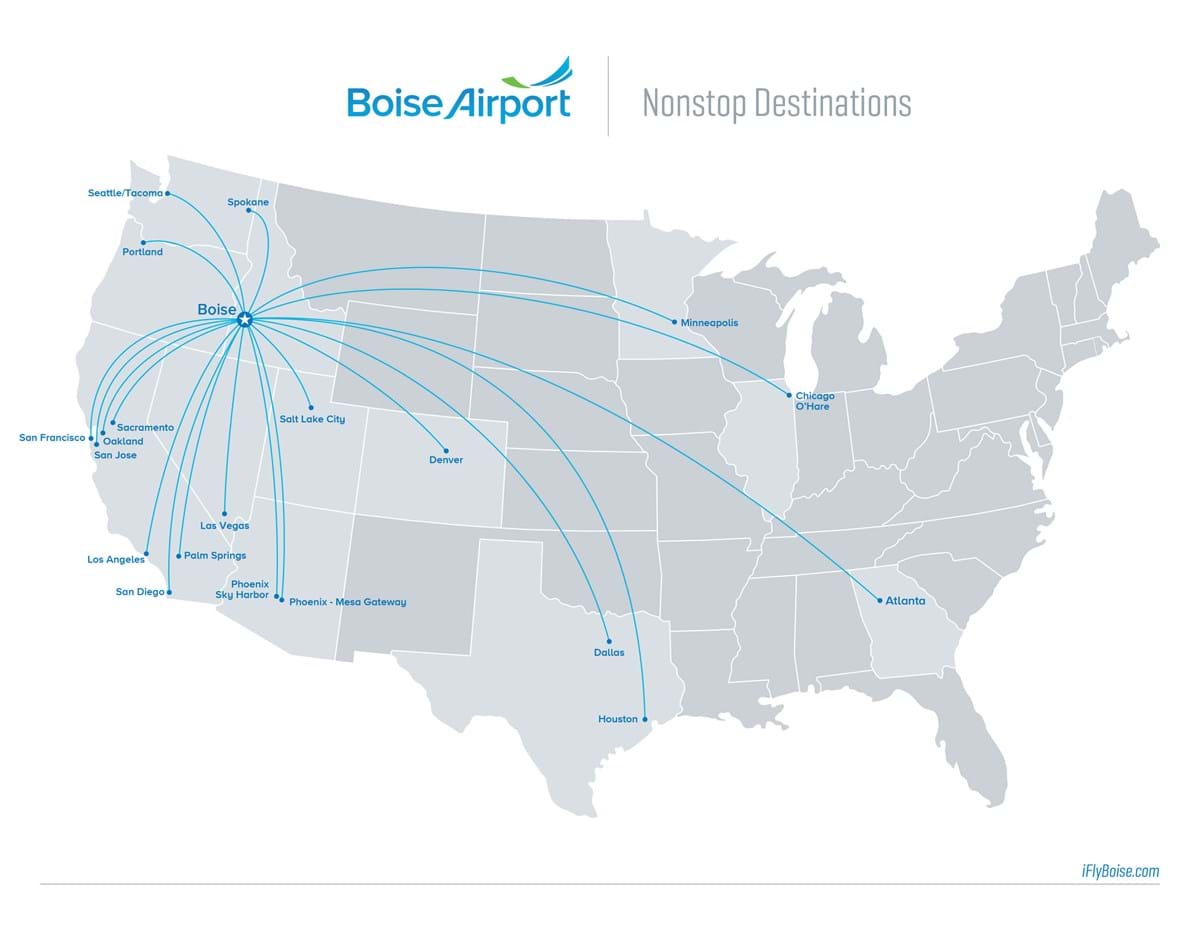 Map of current nonstop flights offered at Boise Airport