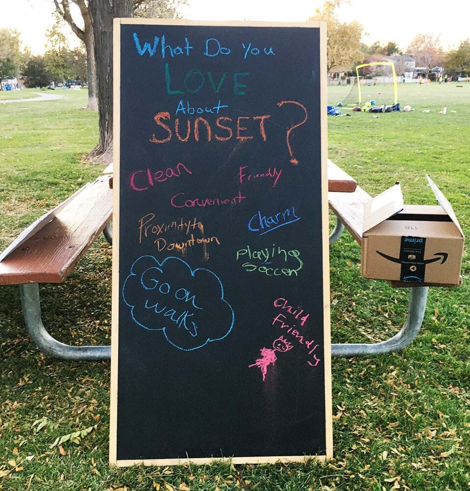 Chalkboard with writing about the Sunset Neighborhoo