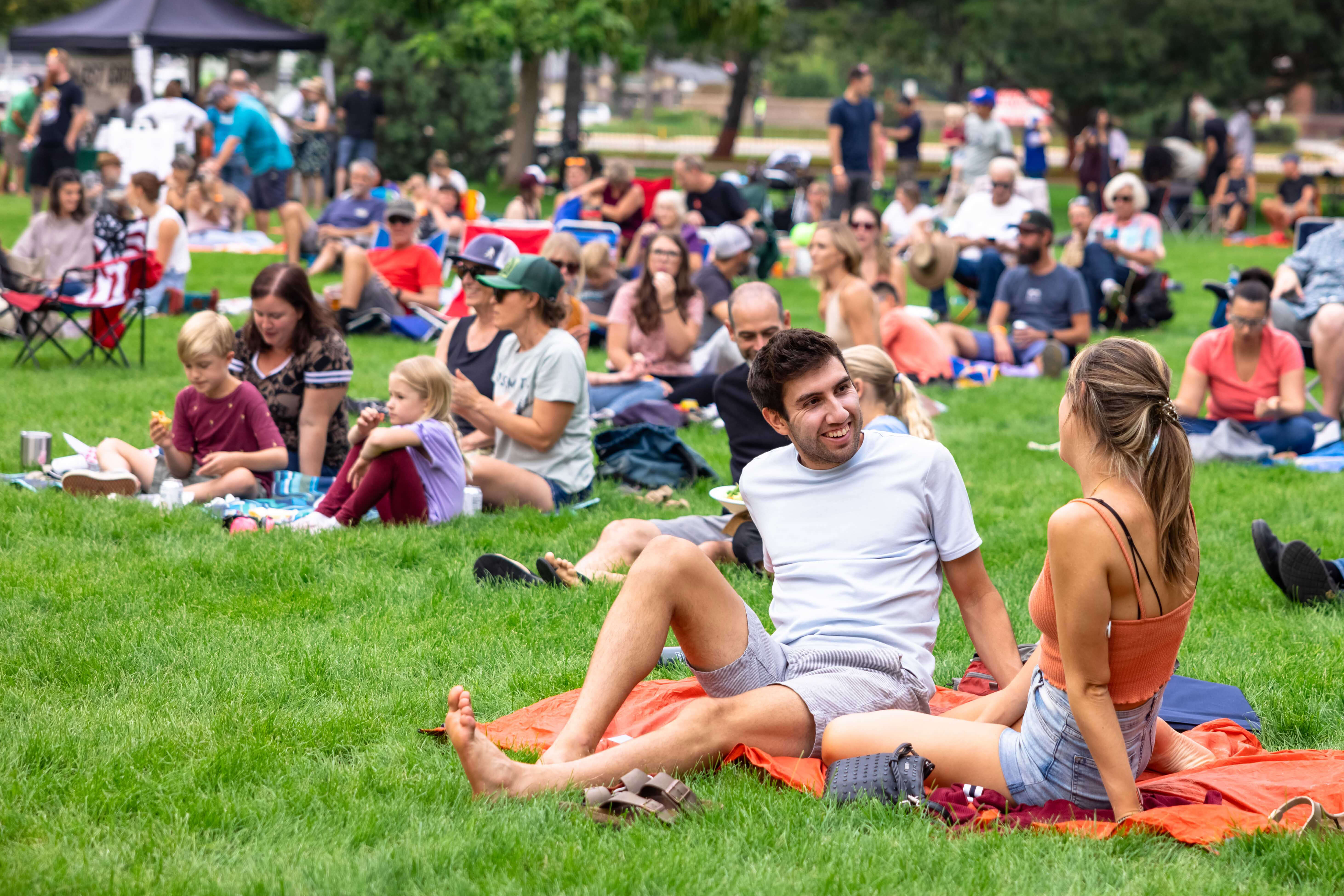 A group of people sitting on the lawn during a concert