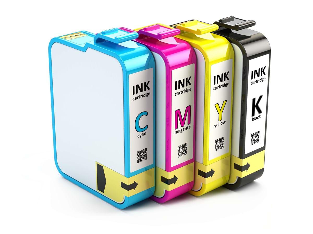 a blue, pink, yellow and black ink cartridge