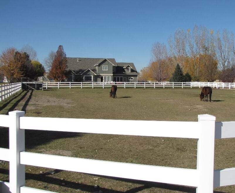 Home in background with fenced field in front with animals in field.
