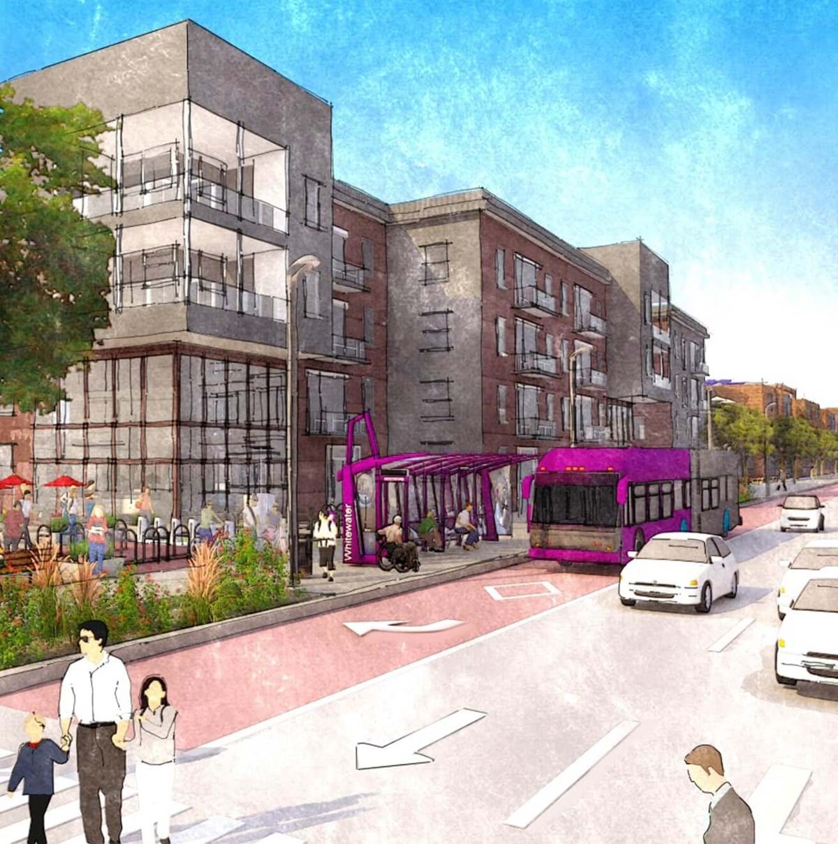 Rendering of 4-story buildings with bus in front, multiple lanes of traffic and people crossing street