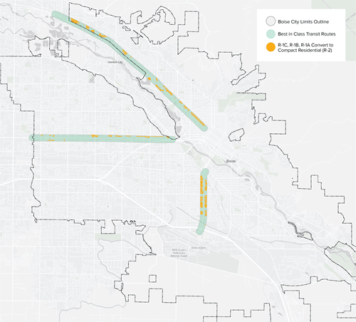 Map of Boise that highlights the main transit corridors of State, Fairview and Vista