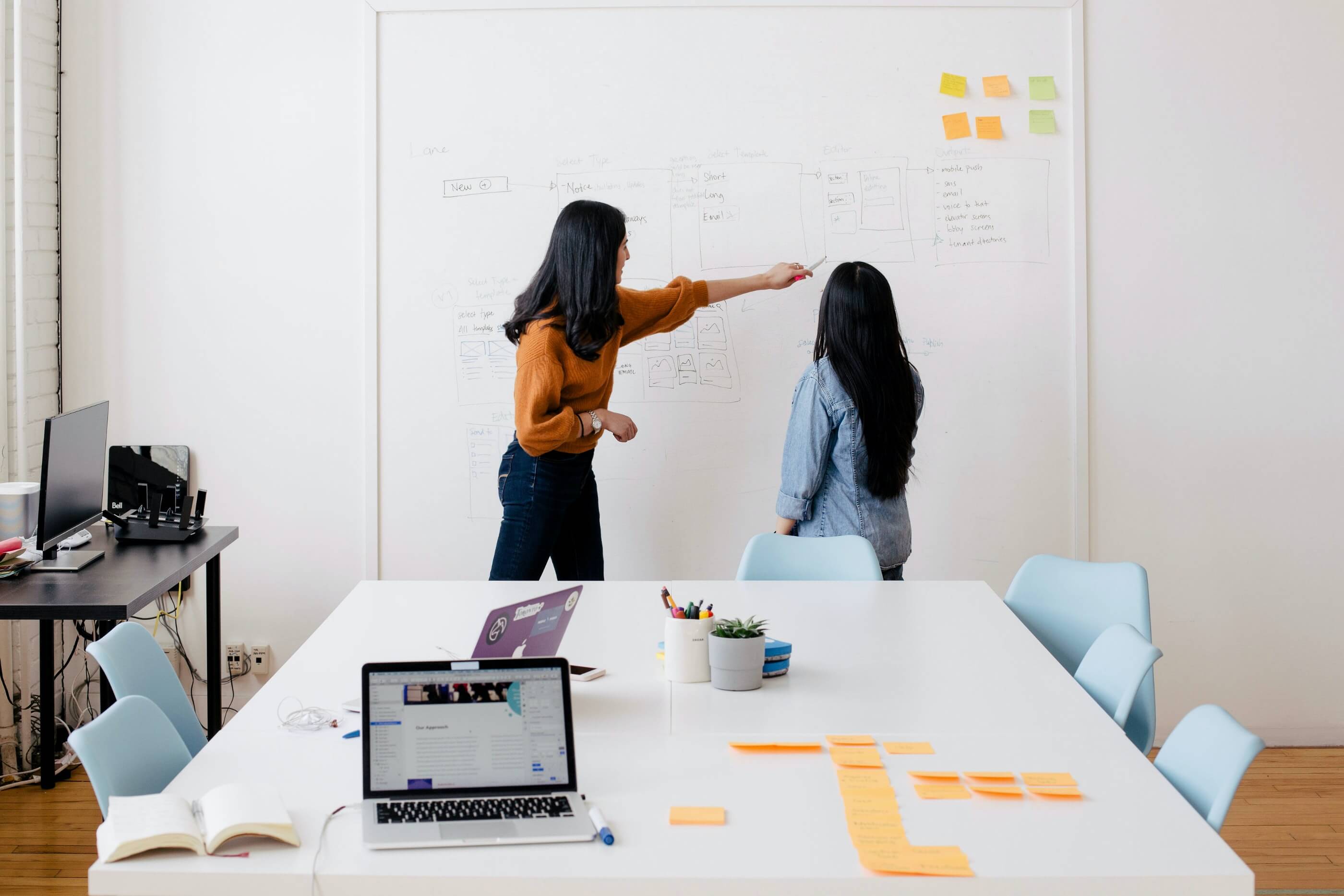 Two people write on a whiteboard in front of an office table.