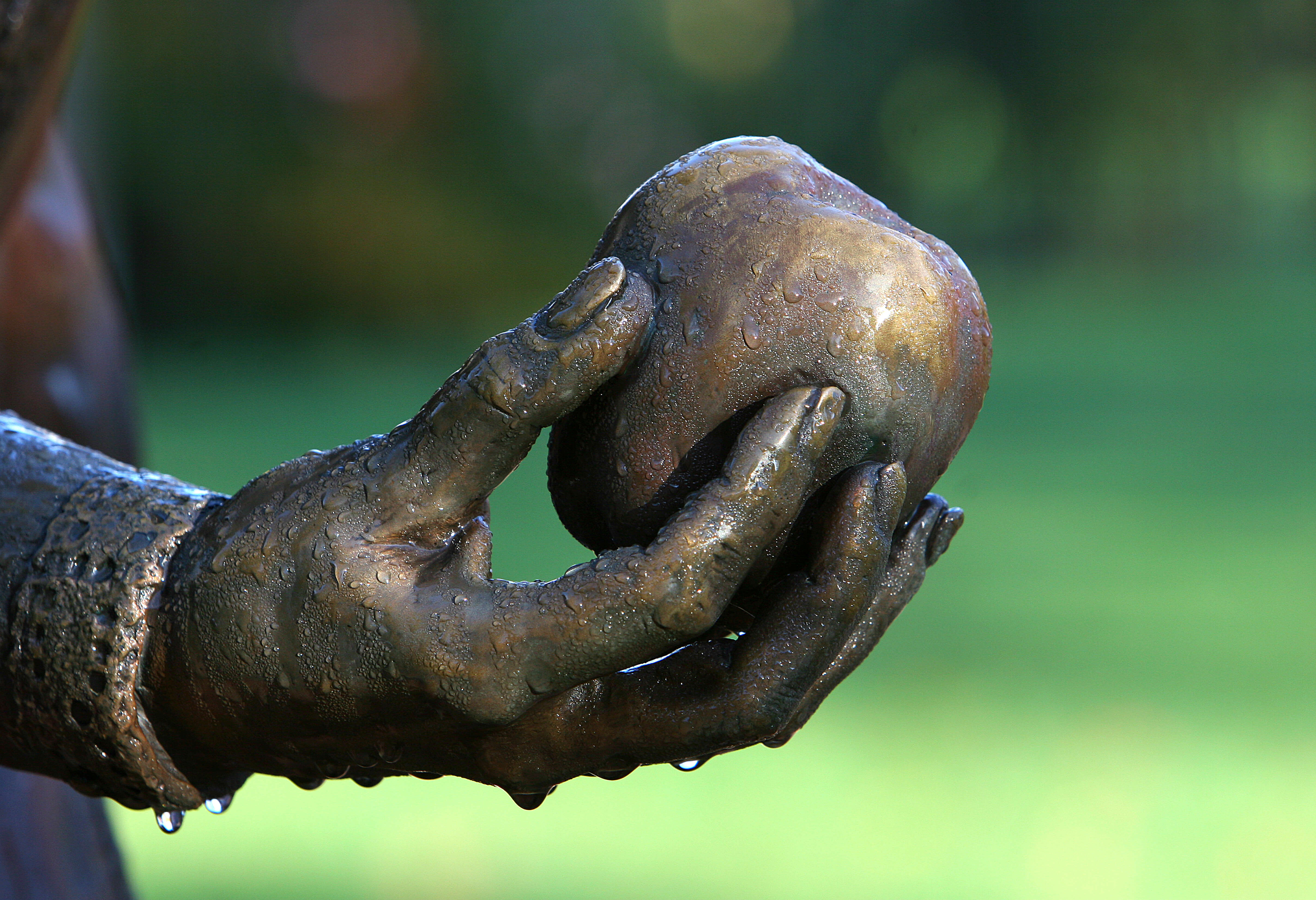 Bronze sculpture of hand holding an apple