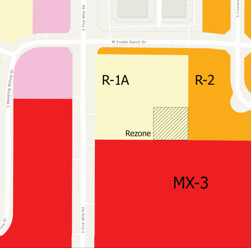 map showing corner with R-1A zoning, R-2 zoning right next to it, and MX-3 zoning behind the two previous properties.