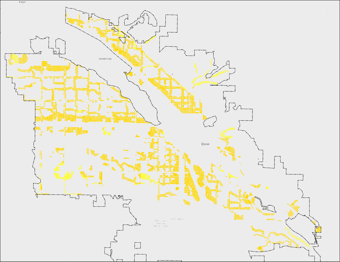 Map with Boise City Limits outlined and yellow markings noting Suburban Residential (R-1B) and orange noting Traditional Residential (R-1C)