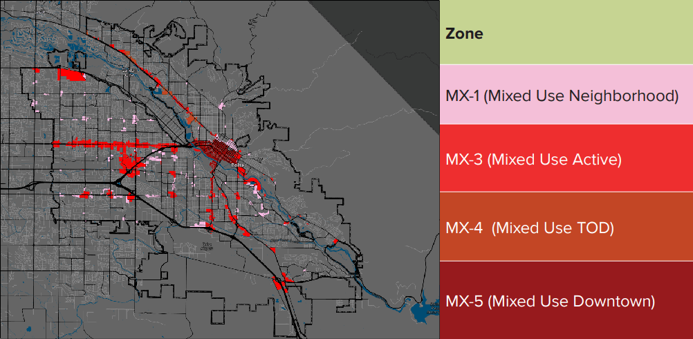 line map with red, pink, orange and burgundy lines showing new zoning areas and legend on right side with Zone as the header, MX-1 (Mixed Use Neighborhood) is pink, MX-3 (Mixed Use Active) is red, MX-4 (Mixed Use TOD) is orange and MX-5 (Mixed Use Downtown) is burgundy