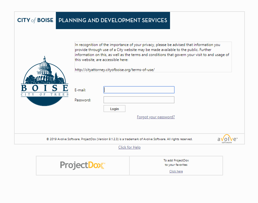 Screenshot of Boise's ePlanReview portal login screen.
