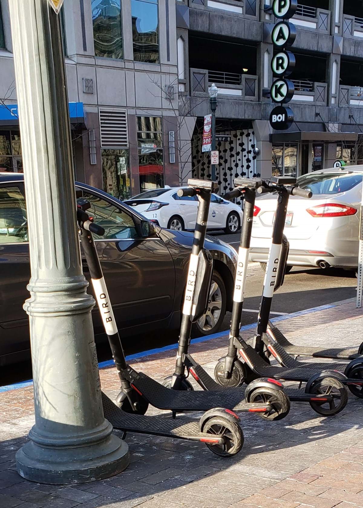 Electric Bird scooters on sidewalk downtown leaning against light pole blocking sidewalk
