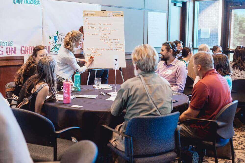 Table collaborating and brainstorming at BNI event.