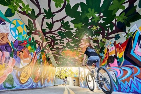 Bike riding through a tunnel with a brightly colored mural painted on it.