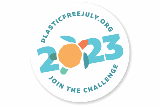 Plastic Free July logo with a graphic turtle in place of the zero in 2023.