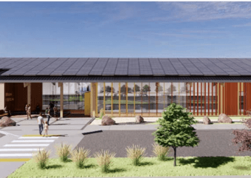 Rendering of exterior view of Micron Childcare Center building, with trees and people crossing a street.
