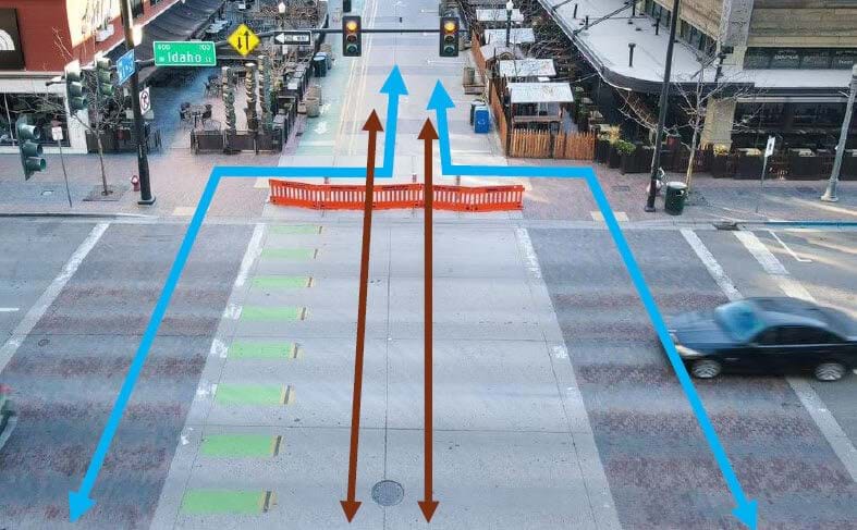 Crosswalk with arrows demonstrating planned improvements