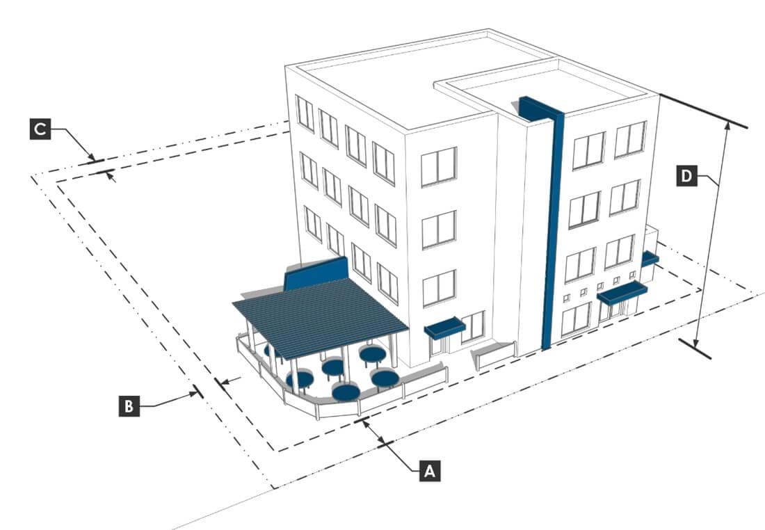 Depiction of Dimensional Standards in an MX-3 zone including setbacks and building height.
