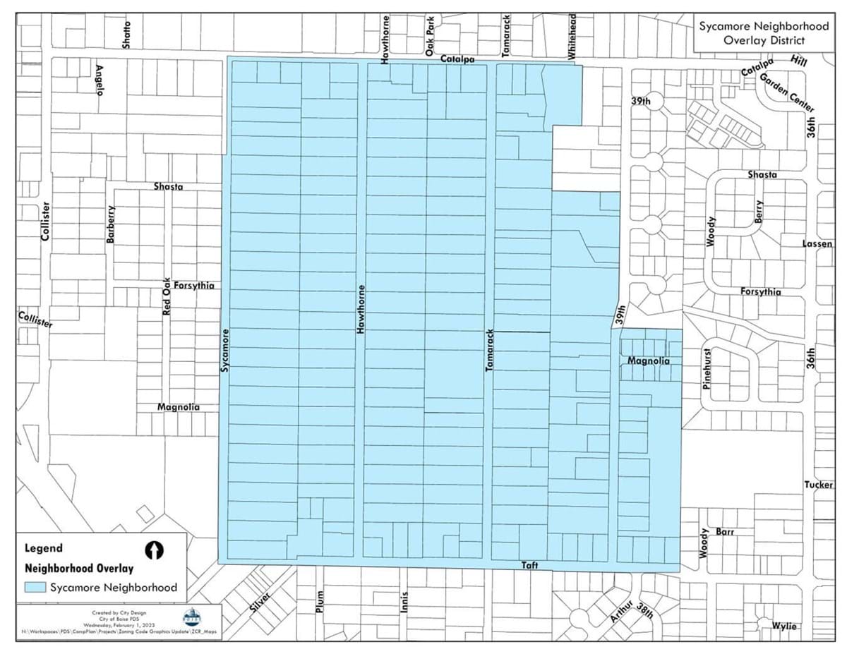 Depiction of Sycamore Neighborhood Overlay District Boundary Map highlighting the included area South of Catalpa and North of Taft from Sycamore to 39th from West to East.