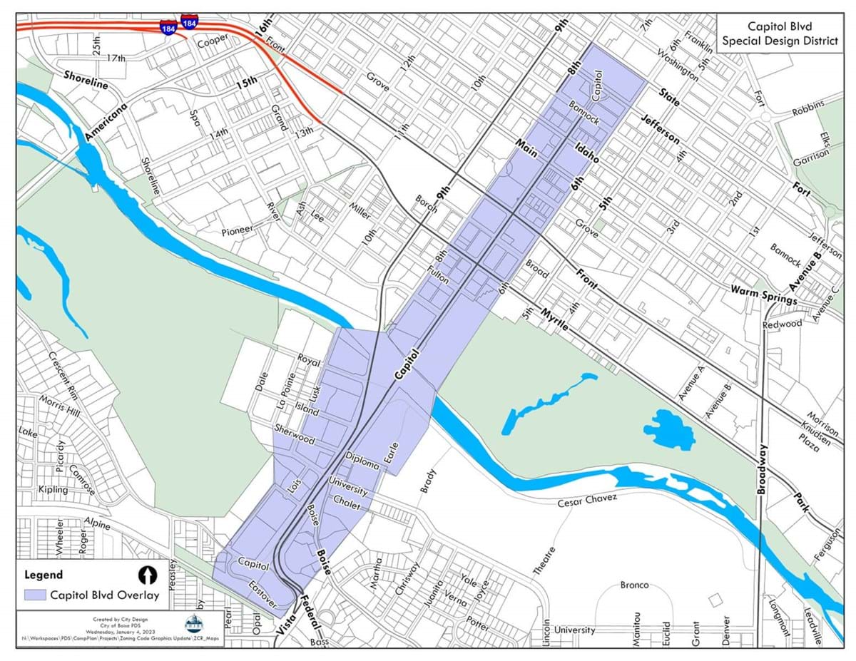Depiction of the Capitol Design Overlay District Boundary Map highlighting included area of Capitol Boulevard from State Street south to Easterver.