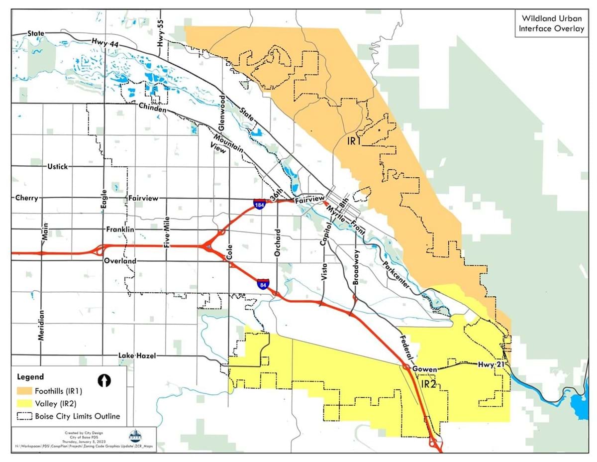 Depiction of Wildland Urban Influence Overlay District Boundary Map highlighting included area including the foothills and valley areas as well as the Boise City Limits.