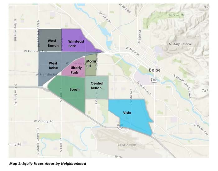 Map showing equity focus areas by neighborhood
