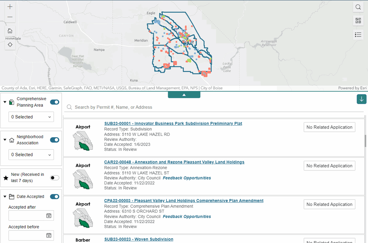 Example image of Development Tracker with map highlighting projects with listing below of proposed project information and filters to the left.