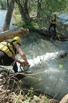 Two individuals in yellow life jackets and helmets use a chain saw to cut log in fast flowing river