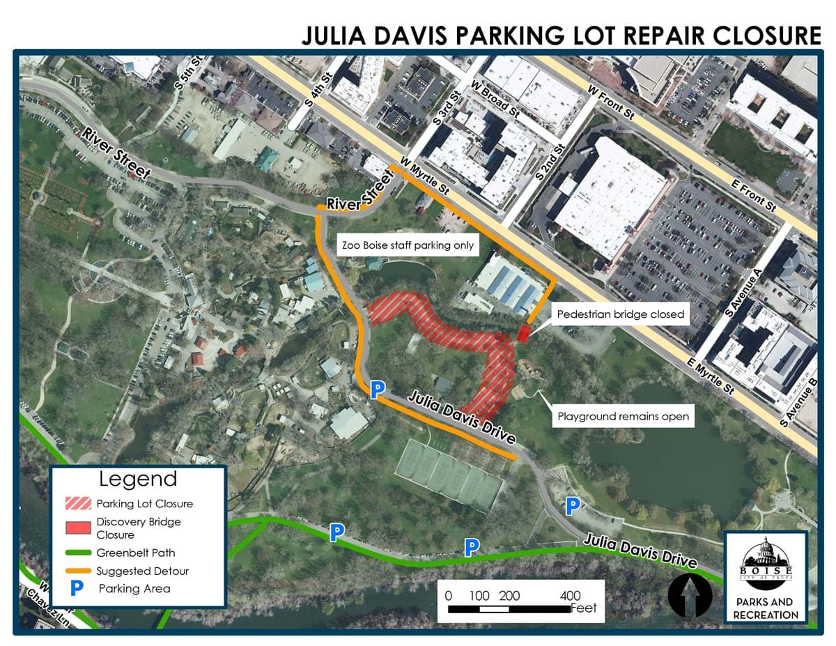 Map of project and detour for the Julia Davis Park Parking Lot Repair
