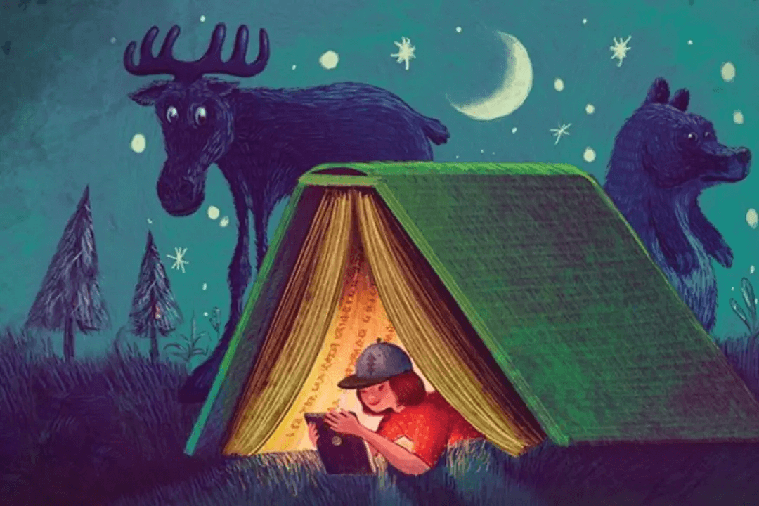 Artwork showing a kid reading in a tent that is shaped like a book.