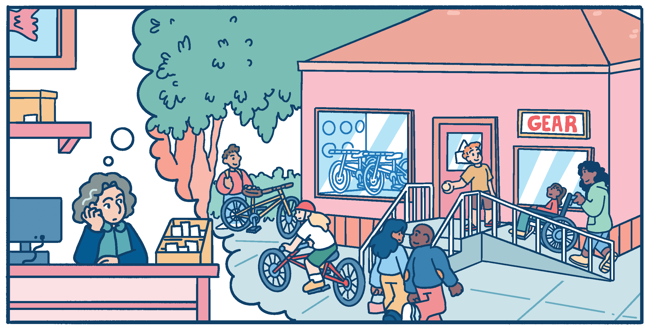 Illustrated graphic of a neighborhood street in bright colors.