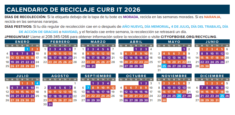 Curb It 2026 Calendario de Reciclaje.