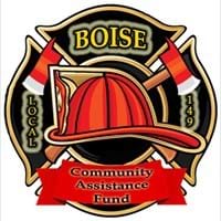 Boise Fire Community Assistance Fund logo with red hardhat and axes crossing behind the hat