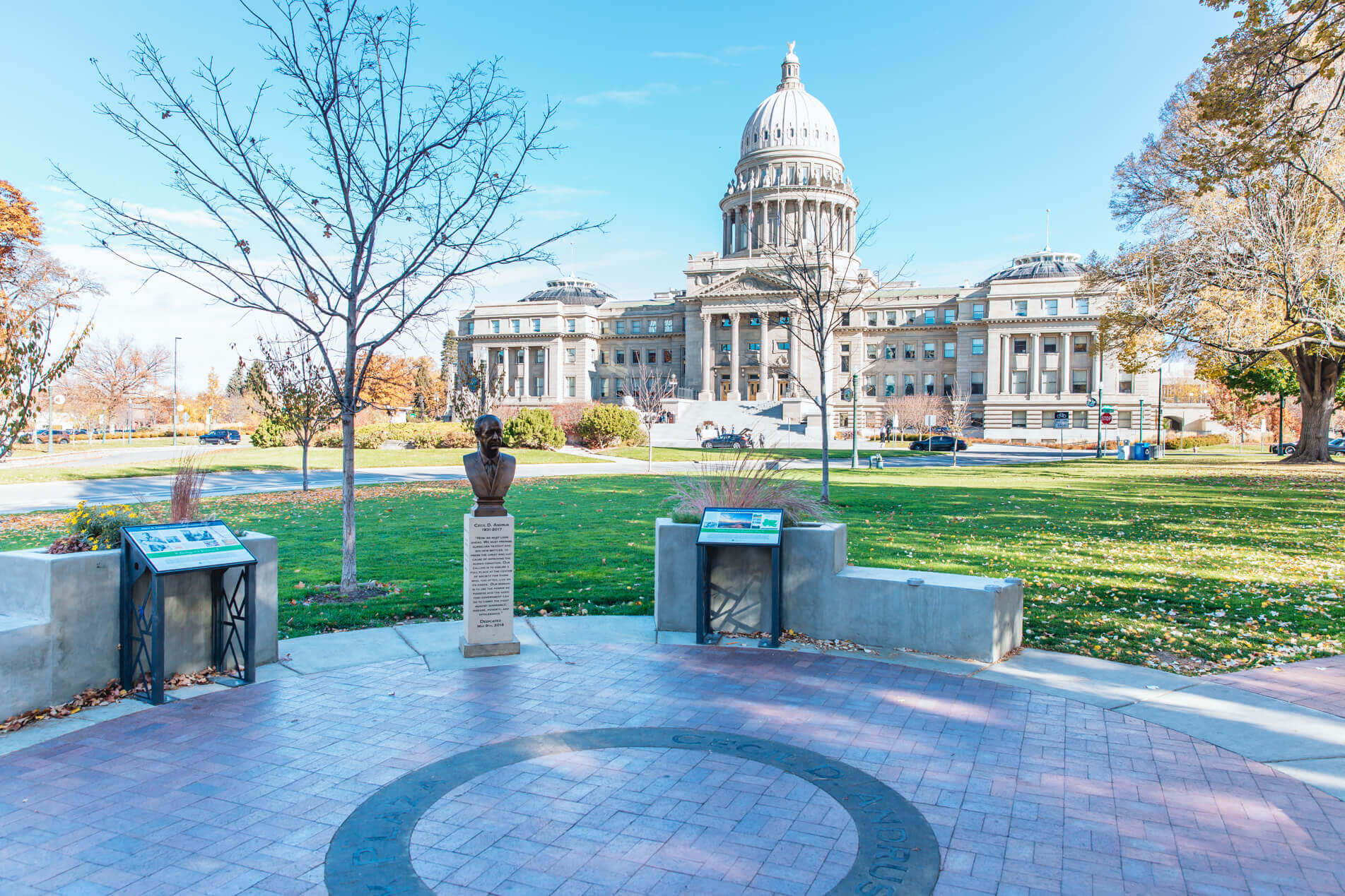 Cecil D. Andrus Park Plaza in the spring