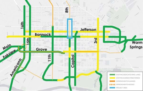 Detailed map showing new propose bike lanes in downtown boise