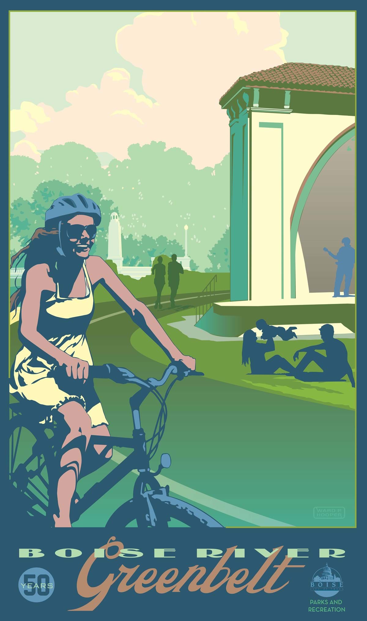 Poster print of woman riding bike, people running in background, family playing, text on bottom reads "Boise River Greenbelt 50 years"