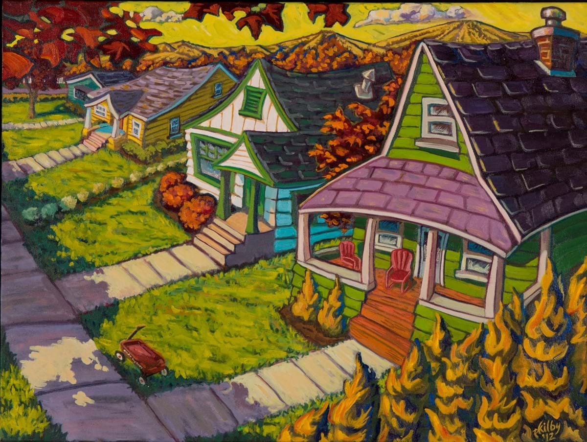 Painting of houses and sidewalk